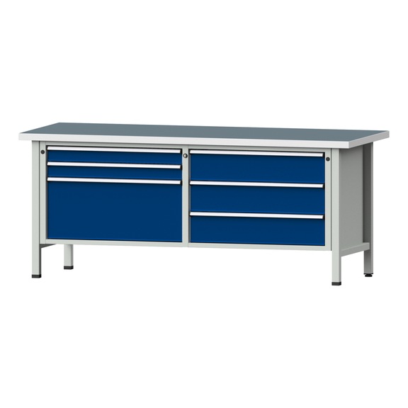 Box workbench VX 2000 mm, model 207, UBP 40 mm, RAL 7035/5010, 840x2000x800 mm - Cabinet workbench V - X 2000 mm 2 blocks