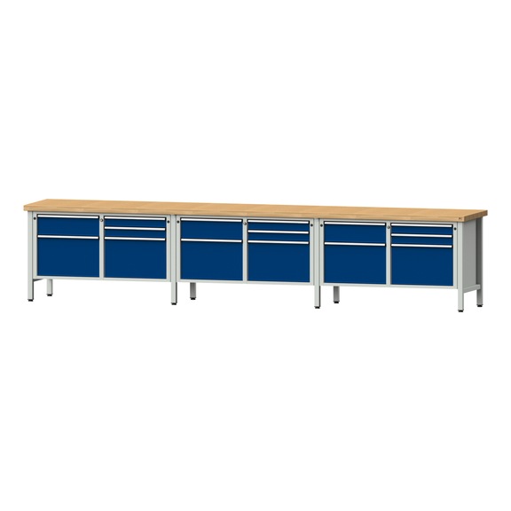Box workbench V/T-BL 4050 mm, model 230 BMP 50 mm, RAL 7035/5010, 850x4050x700 - Cabinet workbench 6 blocks