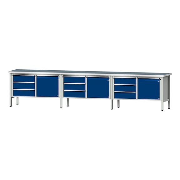 Box workbench V/T-BL 4050 mm, model 106 UBP 40 mm, RAL 7035/5010, 890x4050x700 - Cabinet workbench 6 blocks