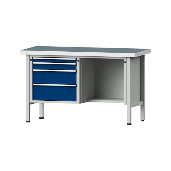 Kastenwerkbank V/T-BL 1500 mm, Modell 341 UBP 50 mm, RAL 7035/5010, 900x1500x700 - Kastenwerkbank V - BL 2 Blöcke Modelle 216 - 409