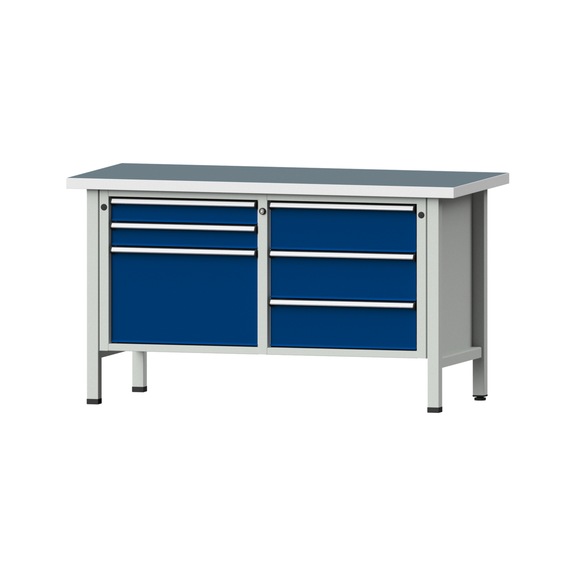 Box workbench V/T-BL 1500 mm, model 207 UBP 40 mm, RAL 7035/5010, 840x1500x700 - Cabinet workbench 2 blocks models 103 - 209