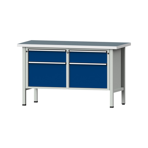 Box workbench V/T-BL 1500 mm, model 205 UBP 40 mm, RAL 7035/5010, 890x1500x700 - Cabinet workbench 2 blocks models 103 - 209