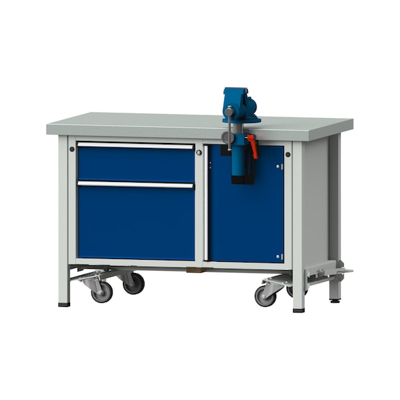 Assembly workbench V/T-BL, model 701, ZBP 50 mm, RAL 7035/5010, 850x1270x700 mm - Assembly workbench roller base