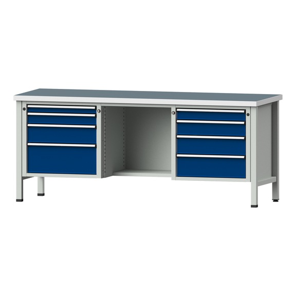 Box workbench V/T-BL 2000 mm, model 327 UBP 40 mm, RAL 7035/5010, 840x2000x700 - Cabinet workbench 3 blocks models 146 - 419