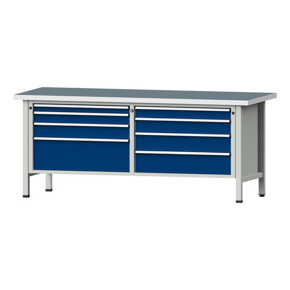 Box workbench VX 2000 mm, model 144, UBP 40 mm, RAL 7035/5010, 840x2000x800 mm - Cabinet workbench V - X 2000 mm 2 blocks