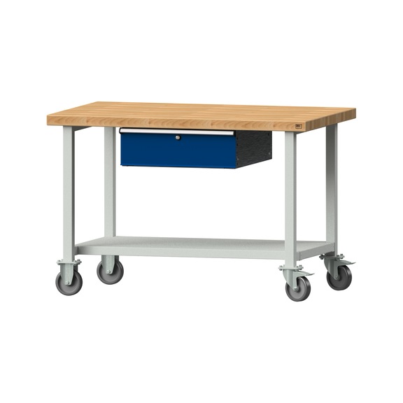 Arbeitstisch, Modell 143, BMP 50 mm, RAL 7035/RAL 5010, 850 x 1270 x 800 mm - Arbeitstisch 1270 mm fahrbar