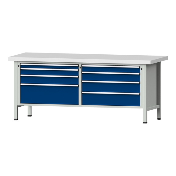 Box workbench VX 2000 mm, model 144, KSP 50 mm, RAL 7035/5010, 850x2000x800 mm - Cabinet workbench V - X 2000 mm 2 blocks