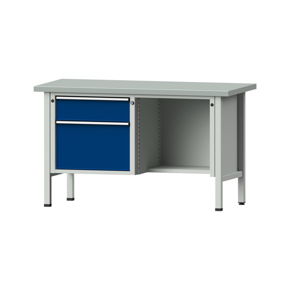 Kastenwerkbank V/T-BL 1500 mm, Modell 409 ZBP 40 mm, RAL 7035/5010, 890x1500x700 - Kastenwerkbank V - BL 2 Blöcke Modelle 216 - 409