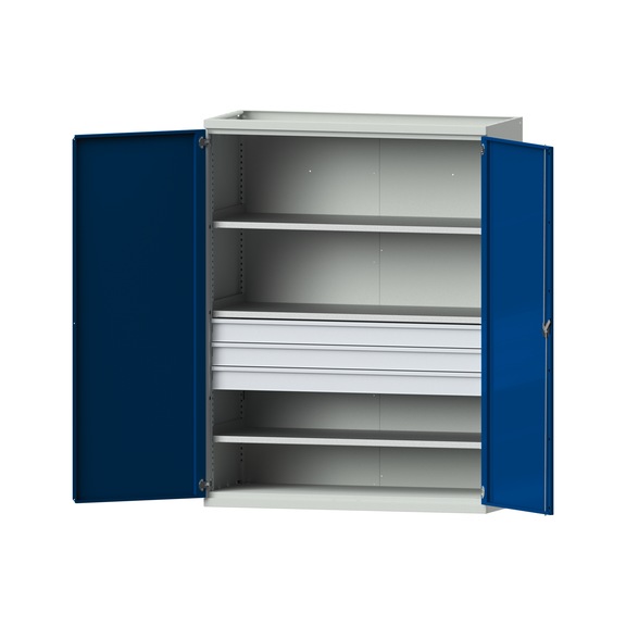 Schwerlastschrank T630mm - H1950mm, Modell 303, RAL 7035/RAL 5010, 620.011.0053 - Werkstattschrank