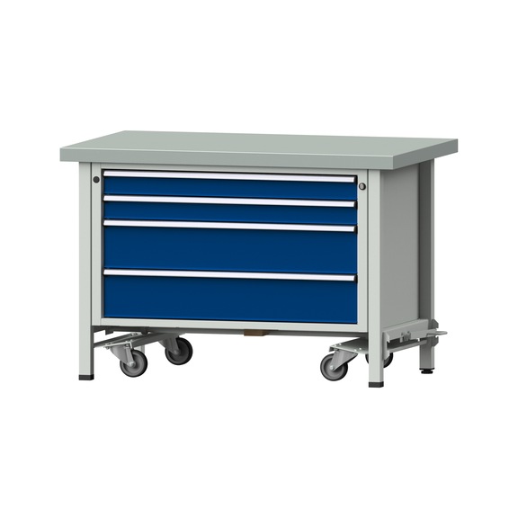 Box workbench VX 1270 mm, model 21, ZBP 50 mm, RAL 7035/5010, 850x1270x800 mm - Assembly workbench roller base