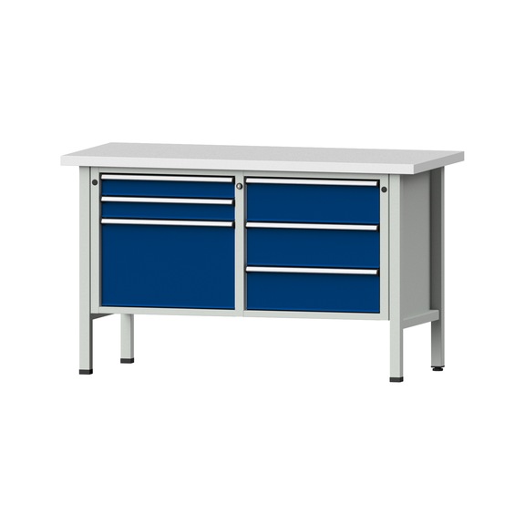 Box workbench V/T-BL 1500 mm, model 207 KSP 40 mm, RAL 7035/5010, 890x1500x700 - Cabinet workbench 2 blocks models 103 - 209