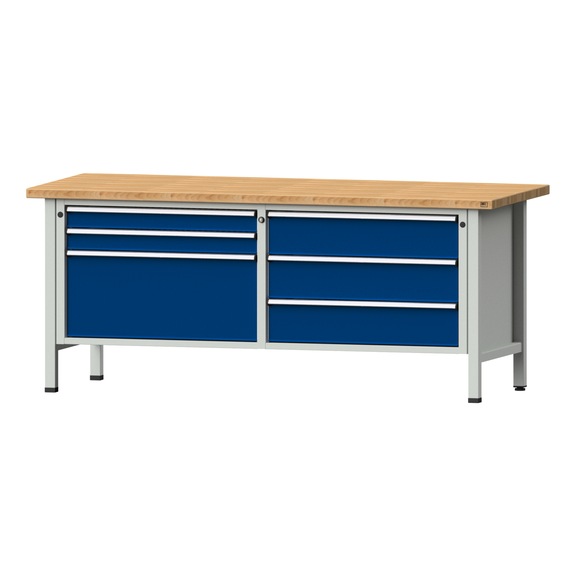 Box workbench VX 2000 mm, model 207, BMP 40 mm, RAL 7035/5010, 840x2000x800 mm - Cabinet workbench V - X 2000 mm 2 blocks