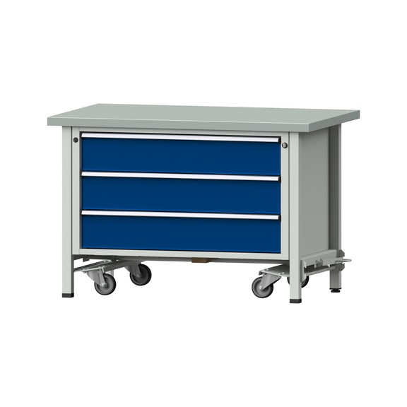 Box workbench VX 1270 mm, model 18, ZBP 40 mm, RAL 7035/5010, 840x1270x800 mm - Assembly workbench roller base