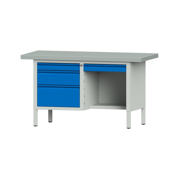 Box workbench E 1500 mm, model 348, ZBP 50 mm, RAL 7035/RAL 5012 - Cabinet workbench E 2 blocks