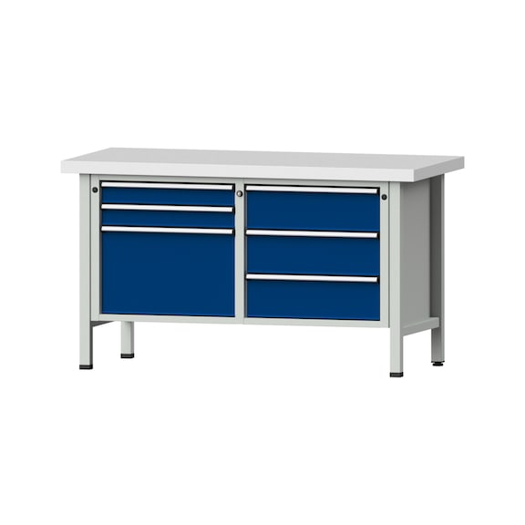 Box workbench V/T-BL 1500 mm, model 207 KSP 50 mm, RAL 7035/5010, 850x1500x700 - Cabinet workbench 2 blocks models 103 - 209