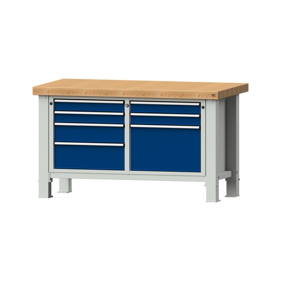 Schwerlastwerkbank VS/TS-BL 1500 mm, Modell 239, BMP 65 mm, RAL 7035/RAL 5010 - Schwerlastwerkbank