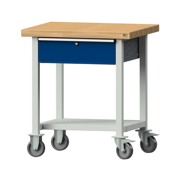 Arbeitstisch, Modell 23, BMP 50 mm, RAL 7035/RAL 5010, 900 x 800 x 700 mm - Arbeitstisch 800 mm fahrbar