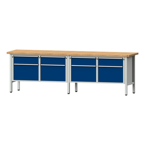 Box workbench V/T-BL 2800 mm, model 205 BMP 40 mm, RAL 7035/5010, 890x2800x700 - Cabinet workbench 4 blocks