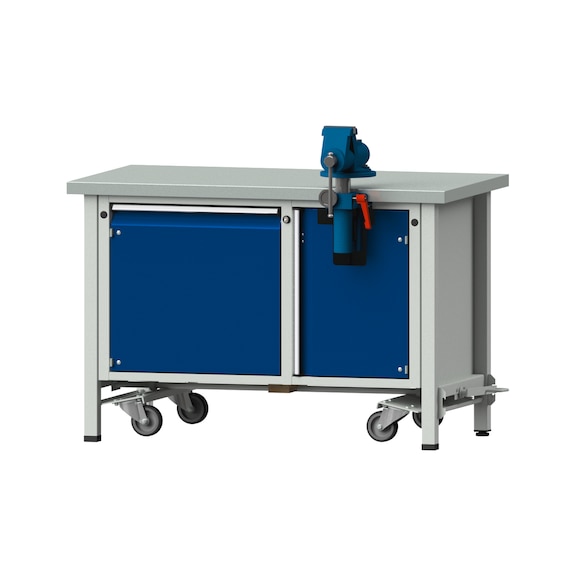 Montagewerkbank V/T-BL, Modell 700, ZBP 40 mm, RAL 7035/5010, 840x1270x700 mm - Montagewerkbank V - BL Fahreinrichtung