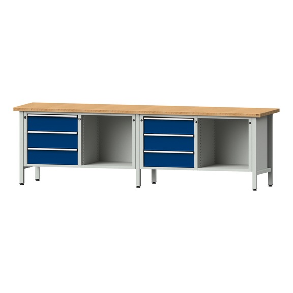 Box workbench V/T-BL 2800 mm, model 103 BMP 40 mm, RAL 7035/5010, 840x2800x700 - Cabinet workbench 4 blocks