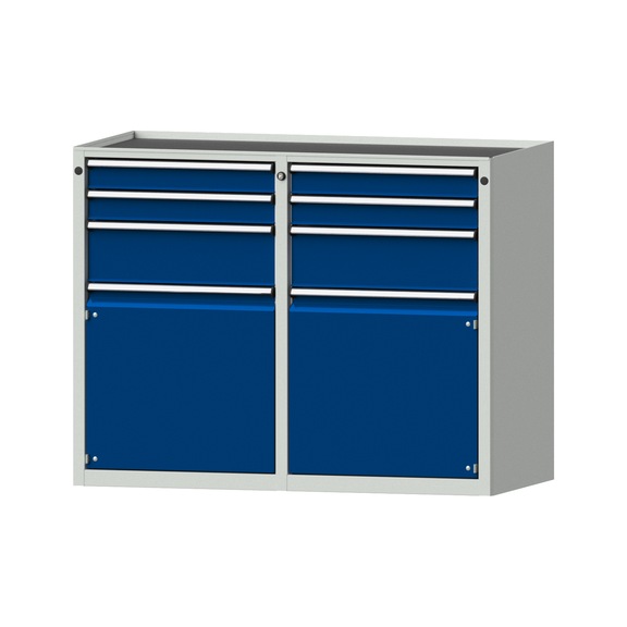 Beistellschrank 2xBL, Modell 502, Ablagewanne, RAL 7035/RAL 5010, Höhe 980 mm - Werkstattschrank