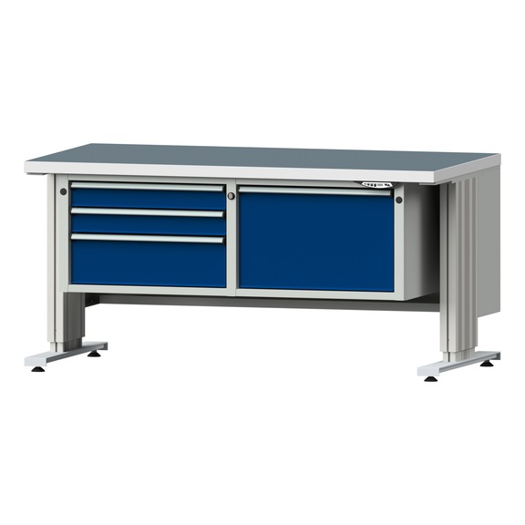 LIFT workbench base unit, wide, model 802, UBP 40 mm, RAL 7035/RAL 5010 - Cabinet workbench LIFT