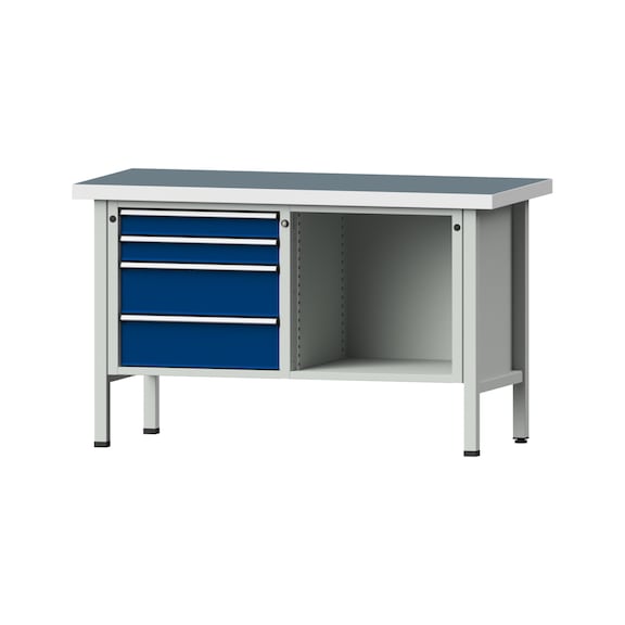 Kastenwerkbank V/T-BL 1500 mm, Modell 134 UBP 50 mm, RAL 7035/5010, 900x1500x700 - Kastenwerkbank V - BL 2 Blöcke Modelle 103 - 209