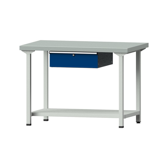 Arbeitstisch, Modell 133, ZBP 50 mm, RAL 7035/RAL 5010, 900 x 1270 x 800 mm - Arbeitstisch 1270 mm statisch
