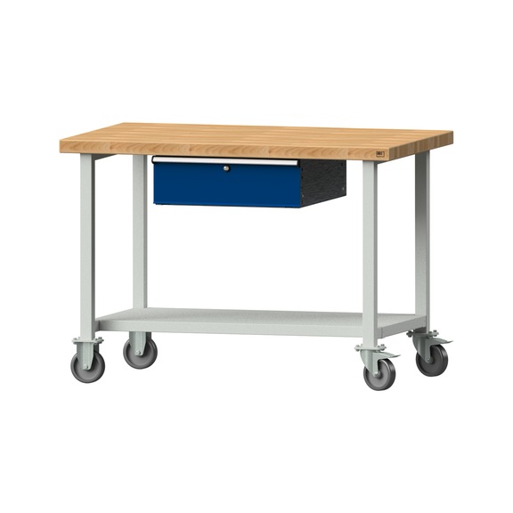 Arbeitstisch, Modell 143, BMP 50 mm, RAL 7035/RAL 5010, 900 x 1270 x 800 mm - Arbeitstisch 1270 mm fahrbar
