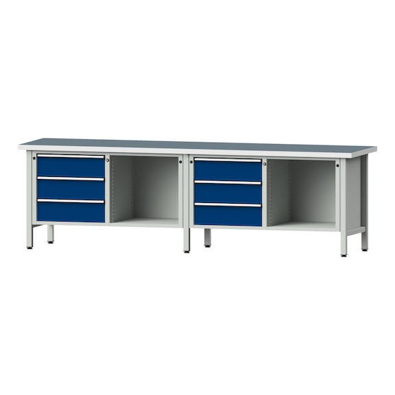 Box workbench V/T-BL 2800 mm, model 103 UBP 40 mm, RAL 7035/5010, 840x2800x700 - Cabinet workbench 4 blocks