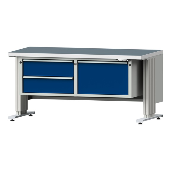 LIFT work table, wide base, model 801, UBP 40 mm, RAL 7035/RAL 5010 - Cabinet workbench LIFT