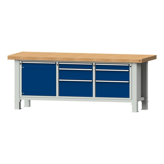 Heavy-duty workbench VS/TS-BL 2250 mm, model 125, BMP 65 mm, RAL 7035/RAL 5010 - Heavy-duty workbench