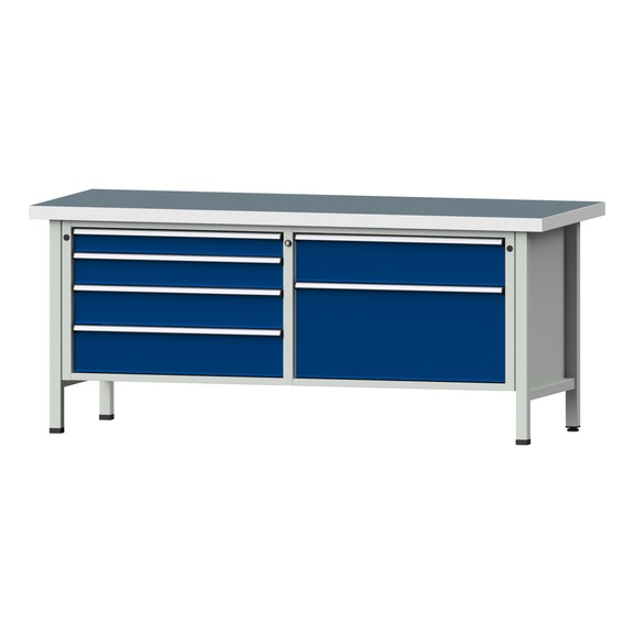 Box workbench VX 2000 mm, model 237, UBP 50 mm, RAL 7035/5010, 850x2000x800 mm - Cabinet workbench V - X 2000 mm 2 blocks