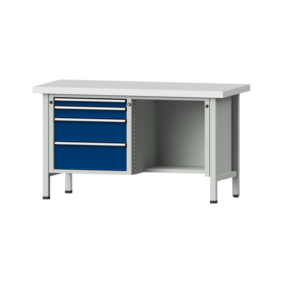 Box workbench V/T-BL 1500 mm, model 341 KSP 50 mm, RAL 7035/5010, 850x1500x700 - Cabinet workbench 2 blocks models 216 - 409