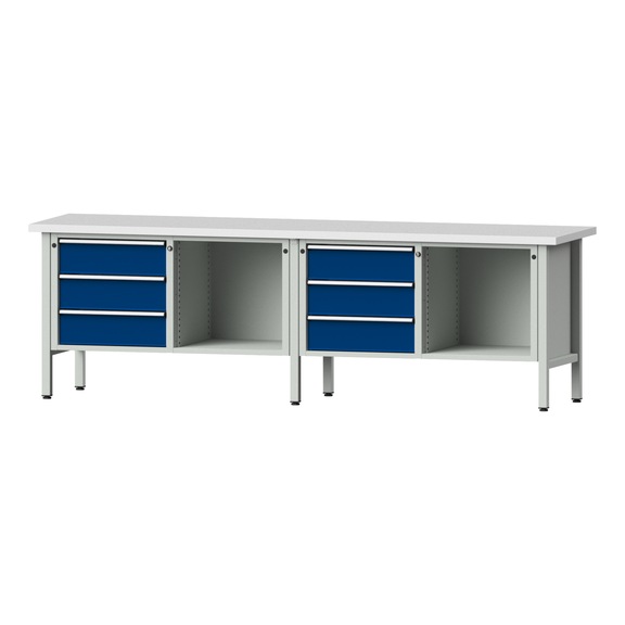 Box workbench V/T-BL 2800 mm, model 103 KSP 40 mm, RAL 7035/5010, 890x2800x700 - Cabinet workbench 4 blocks