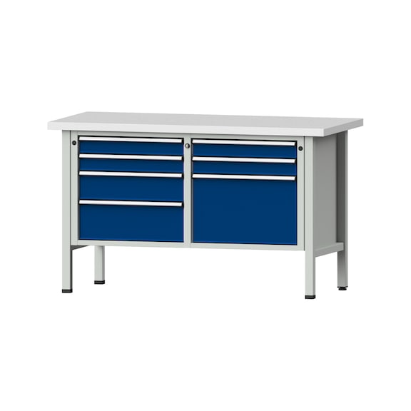 Box workbench V/T-BL 1500 mm, model 239 KSP 40 mm, RAL 7035/5010, 890x1500x700 - Cabinet workbench 2 blocks models 216 - 409