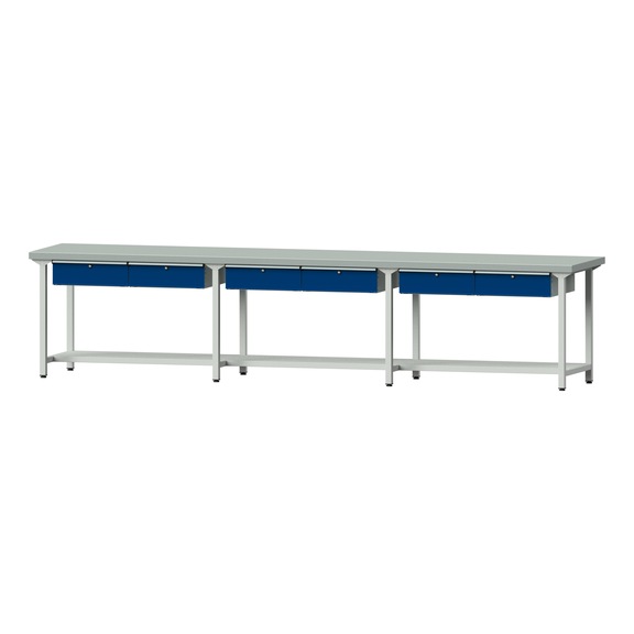 Arbeitstisch, Modell 205, ZBP 50 mm, RAL 7035/RAL 5010, 900 x 4050 x 800 mm - Arbeitstisch 4500 mm statisch