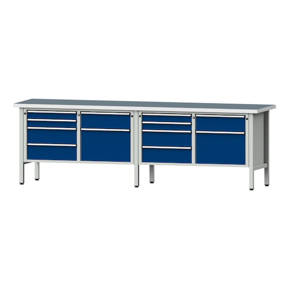 Box workbench V/T-BL 2800 mm, model 216 UBP 40 mm, RAL 7035/5010, 890x2800x700 - Cabinet workbench 4 blocks