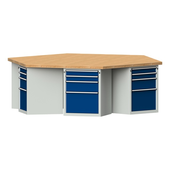 Gruppenwerkbank, Modell 603, BMP 50 mm, RAL 7035/RAL 5010, 850x2700x2340 mm - Gruppenwerkbank