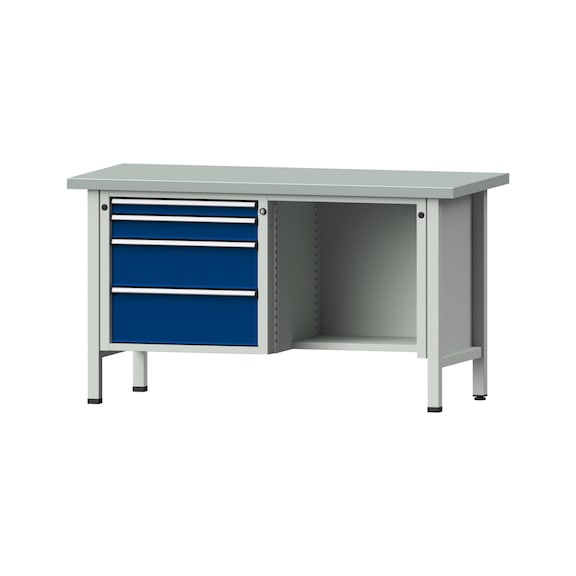 Box workbench V/T-BL 1500 mm, model 341 ZBP 40 mm, RAL 7035/5010, 840x1500x700 - Cabinet workbench 2 blocks models 216 - 409