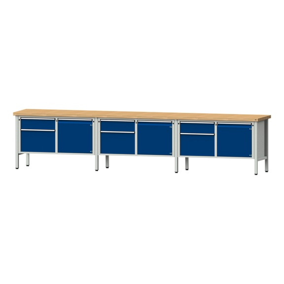 Box workbench V/T-BL 4050 mm, model 232 BMP 50 mm, RAL 7035/5010, 900x4050x700 - Cabinet workbench 6 blocks