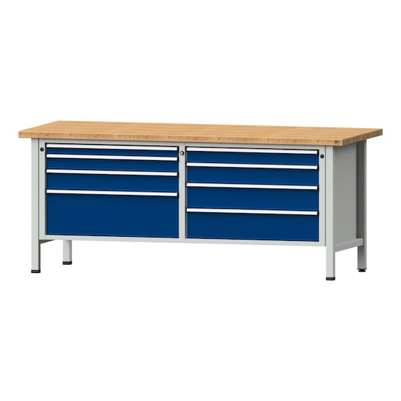 Box workbench VX 2000 mm, model 144, BMP 40 mm, RAL 7035/5010, 840x2000x800 mm - Cabinet workbench V - X 2000 mm 2 blocks