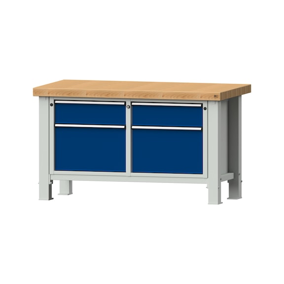 Heavy-duty workbench VS/TS-BL 1500 mm, model 205, BMP 65 mm, RAL 7035/RAL 5010 - Heavy-duty workbench