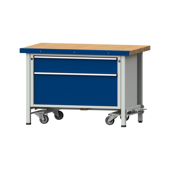 Box workbench VX 1270 mm, model 15, BMP 50 mm, RAL 7035/5010, 850x1270x800 mm - Assembly workbench roller base