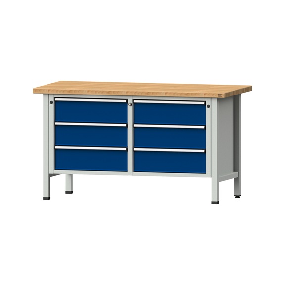 Box workbench V/T-BL 1500 mm, model 108 BMP 40 mm, RAL 7035/5010, 840x1500x700 - Cabinet workbench 2 blocks models 103 - 209