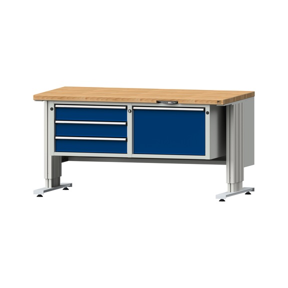 LIFT work table, wide base, model 803, BMP 40 mm, RAL 7035/RAL 5010 - Cabinet workbench LIFT