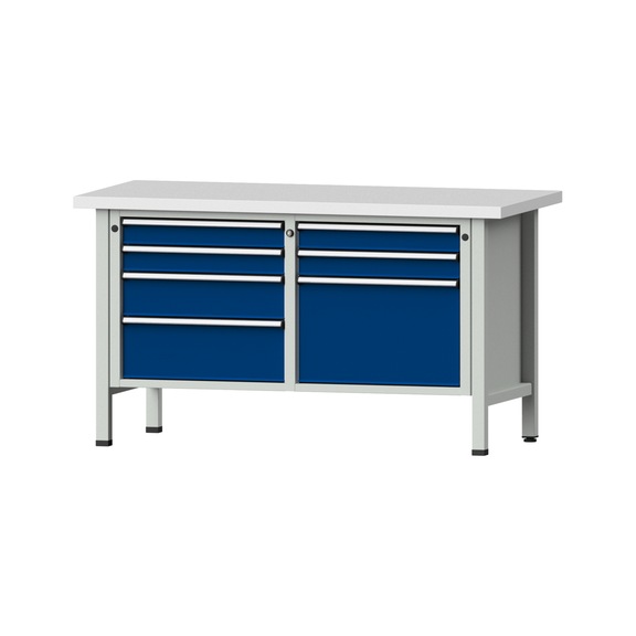 Box workbench V/T-BL 1500 mm, model 239 KSP 40 mm, RAL 7035/5010, 840x1500x700 - Cabinet workbench 2 blocks models 216 - 409