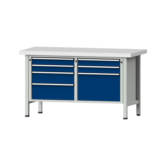 Box workbench V/T-BL 1500 mm, model 239 KSP 50 mm, RAL 7035/5010, 850x1500x700 - Cabinet workbench 2 blocks models 216 - 409