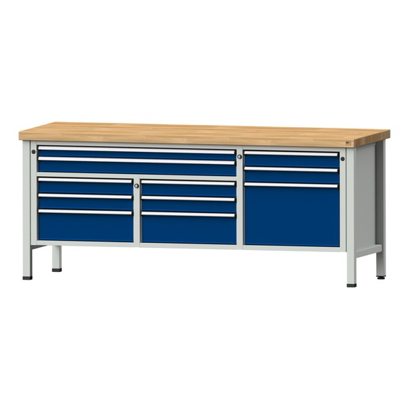 Box workbench 2000 4-part housing model 283 BMP 50 mm 7035/5010, 850 x 2000 x 700 - Cabinet workbench 3 blocks 2000 4-piece