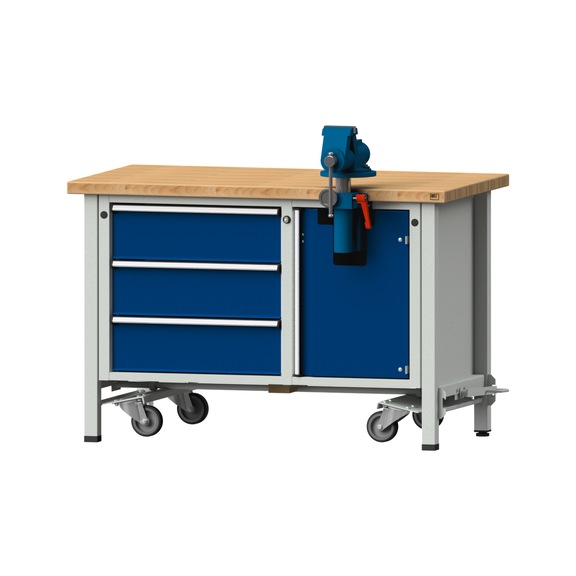 Assembly workbench V/T-BL, model 706, BMP 40 mm, RAL 7035/5010, 840x1270x700 mm - Assembly workbench roller base